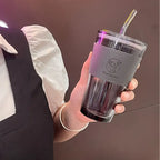 Chic Bamboo-Inspired Glass Coffee Mug with Straw