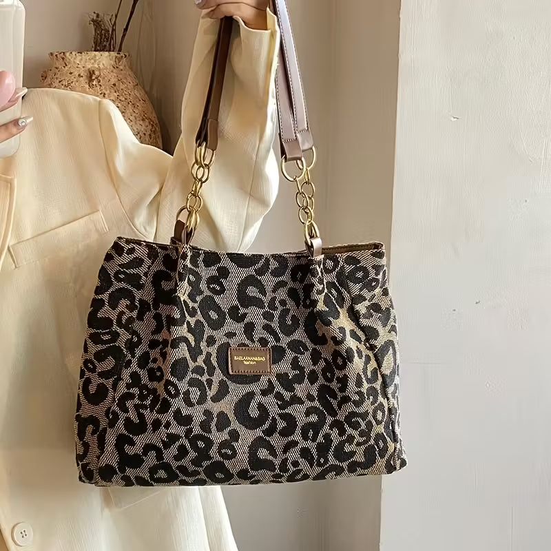Stylish Vintage Leopard Print Canvas Tote Bag for Women