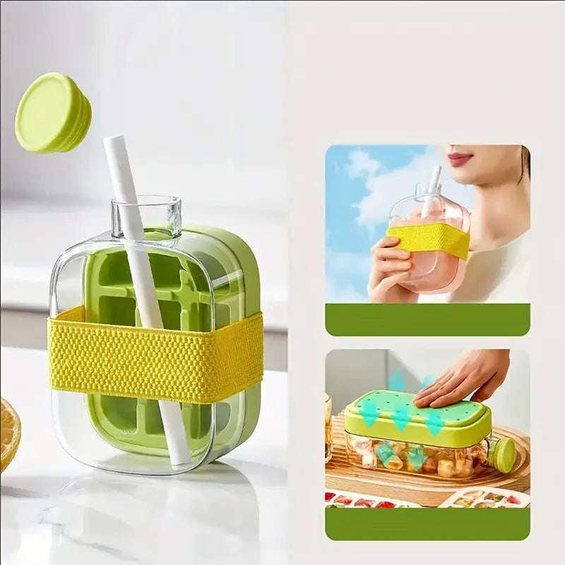 Ice Cube Bottle with Straw, 2-in-1 Cooling Grid, Easy-Press Silicone Ice Tray