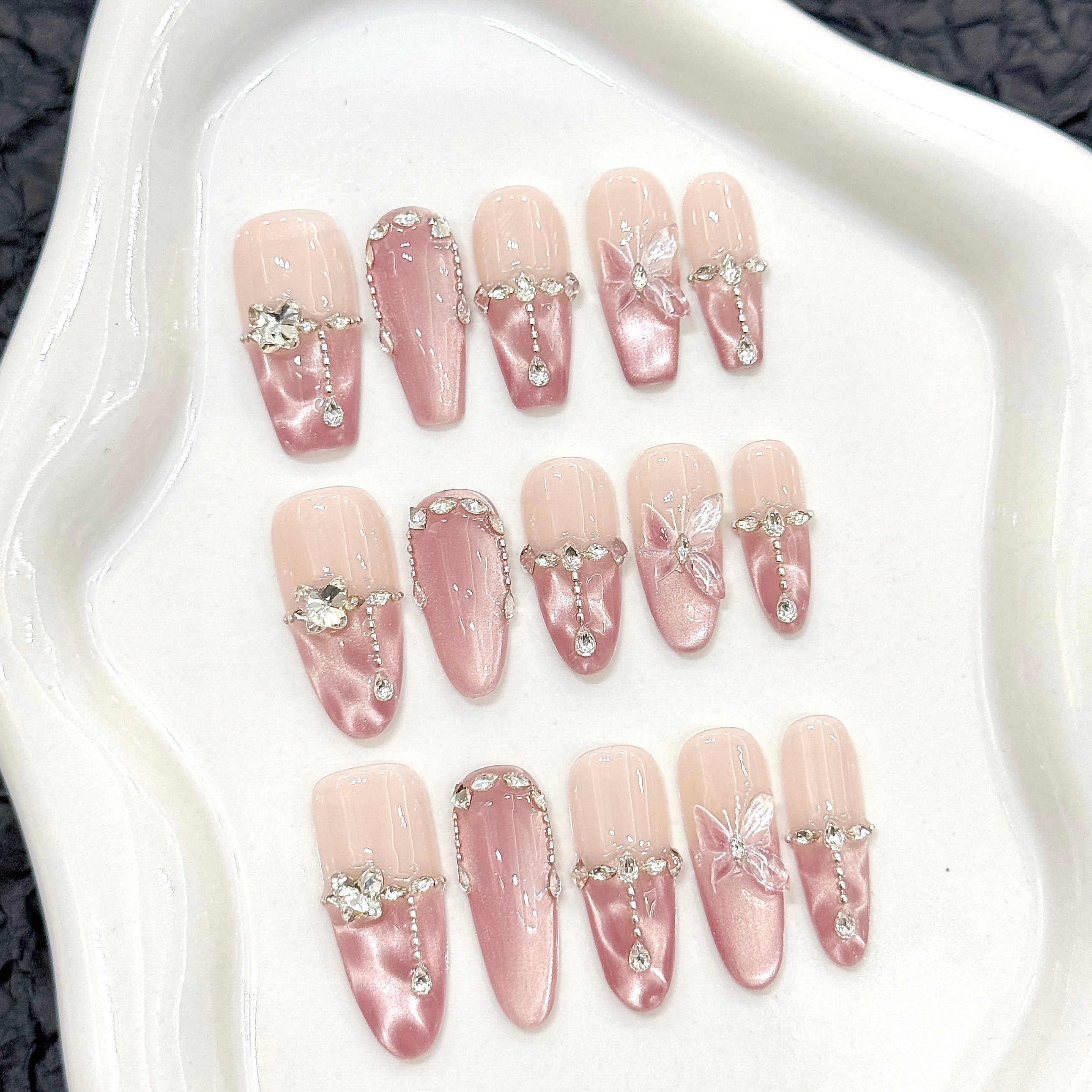 Fake Nails with Butterfly Design Pink Cat's Eye