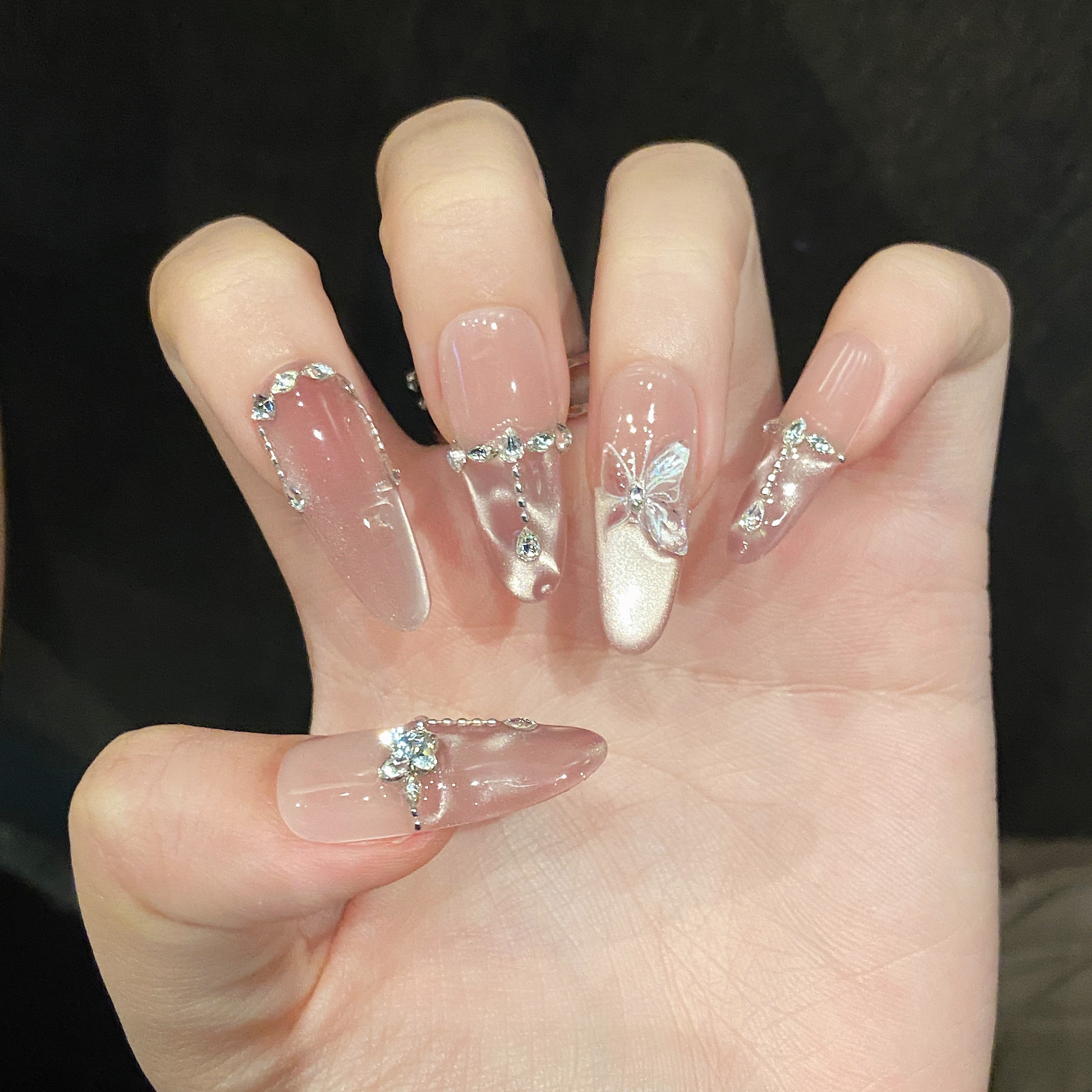 Fake Nails with Butterfly Design Pink Cat's Eye