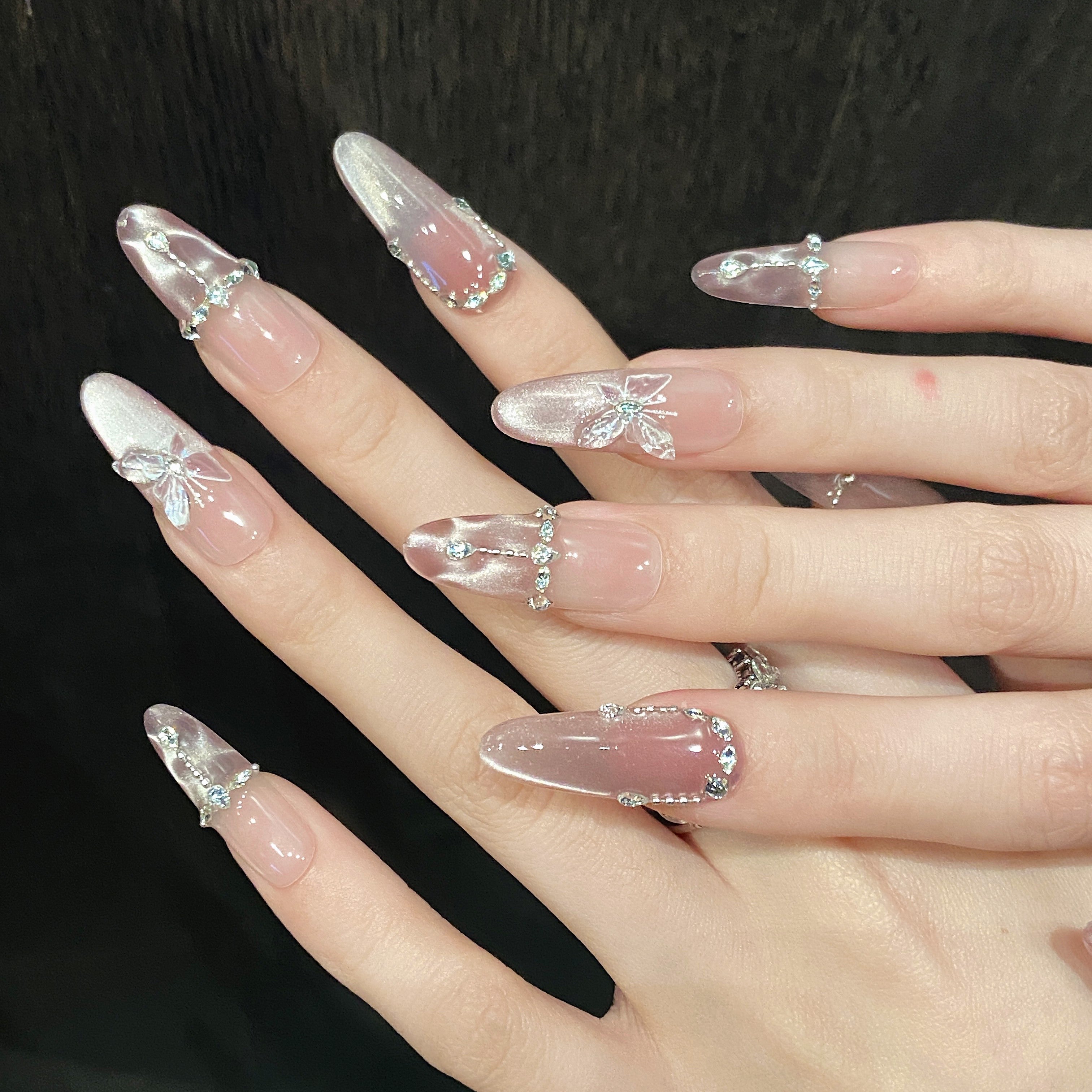Fake Nails with Butterfly Design Pink Cat's Eye