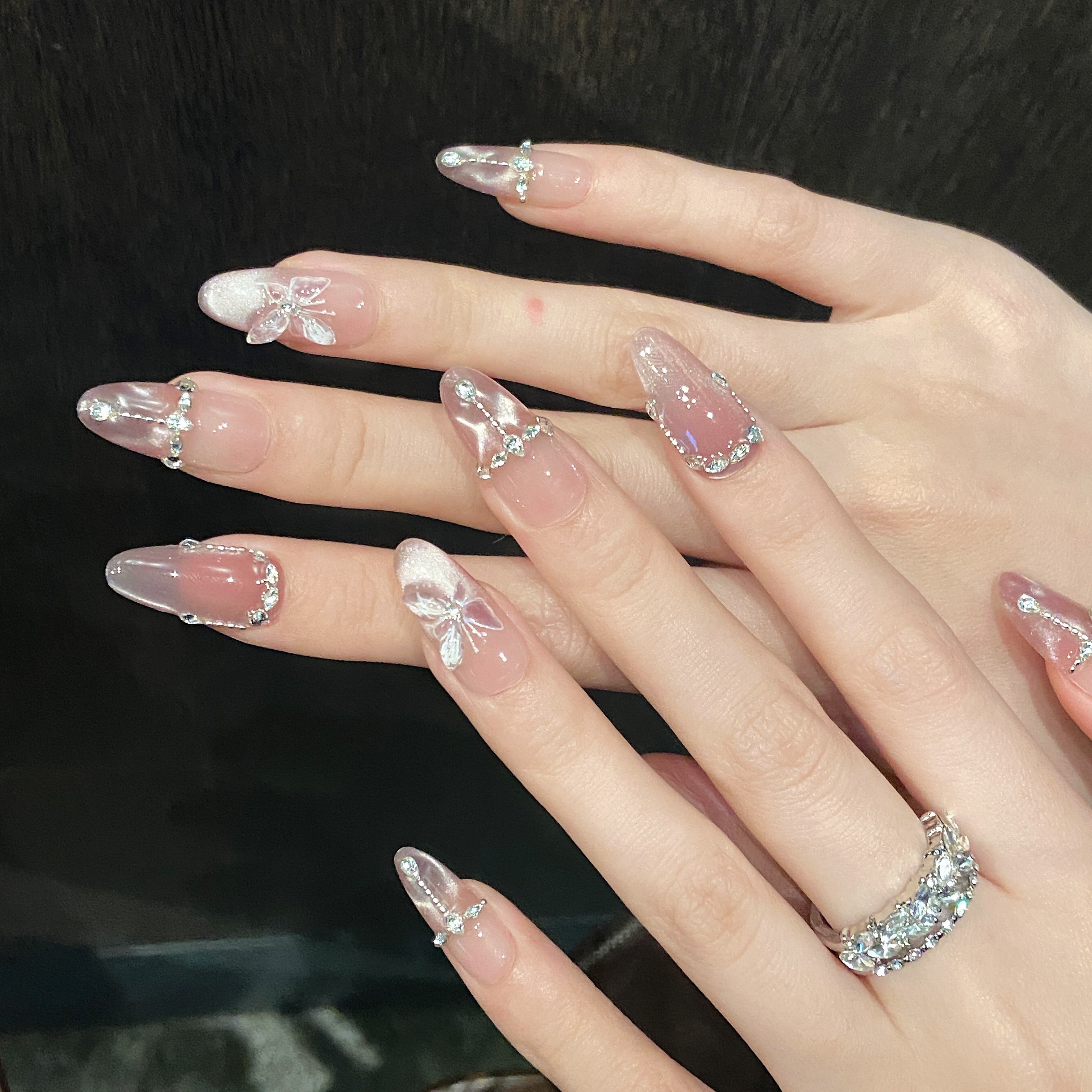 Fake Nails with Butterfly Design Pink Cat's Eye