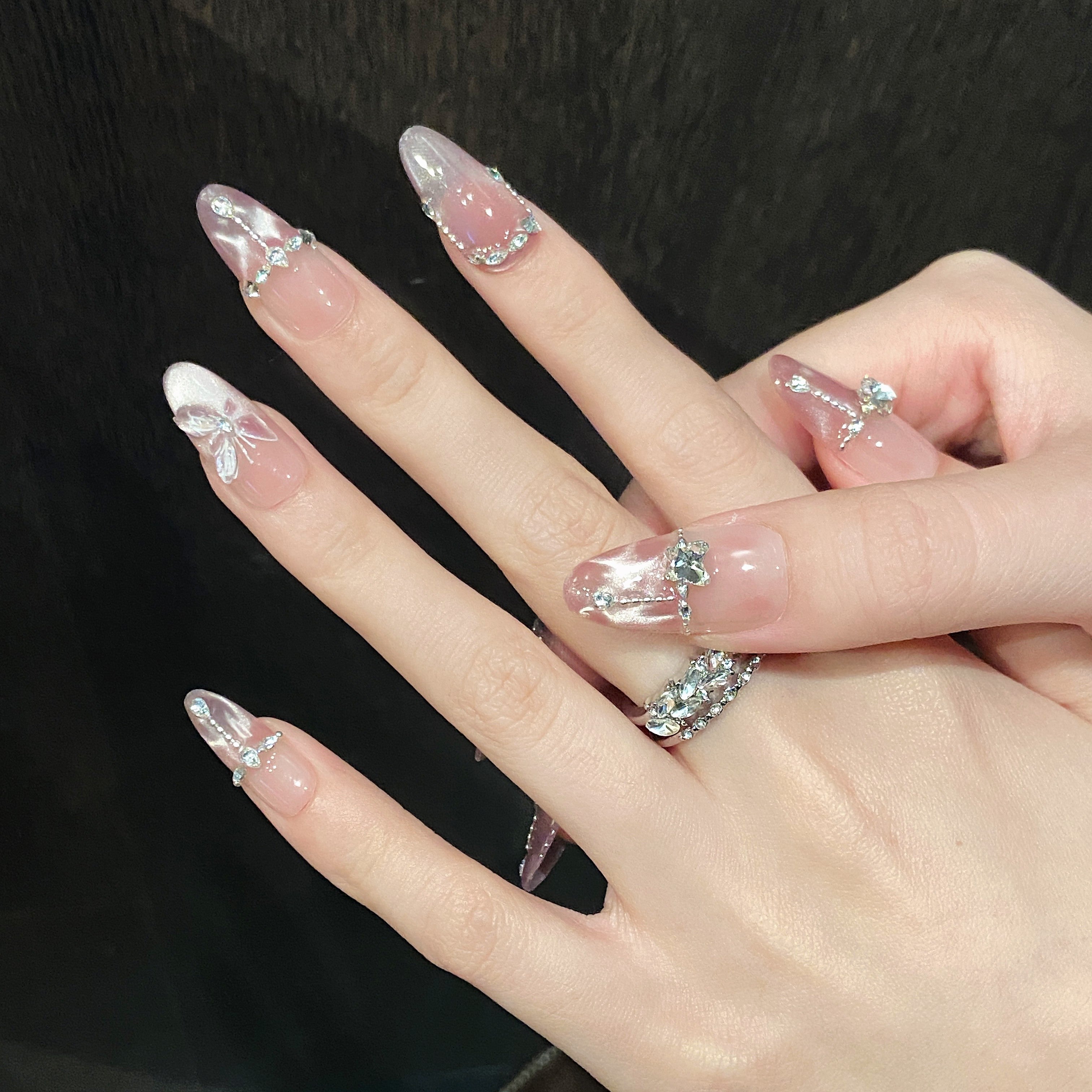 Fake Nails with Butterfly Design Pink Cat's Eye