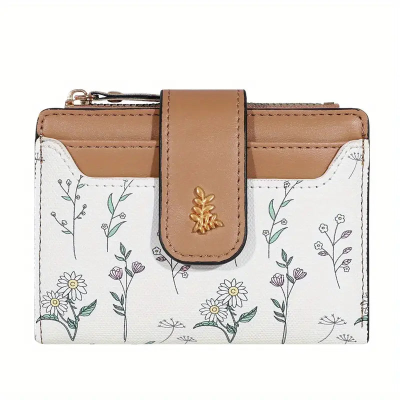 Elegant Women's Floral PU Leather Wallet with Bracelet and Golden Accents