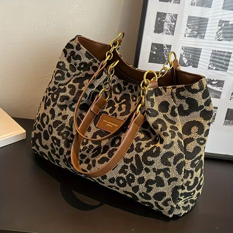 Stylish Vintage Leopard Print Canvas Tote Bag for Women