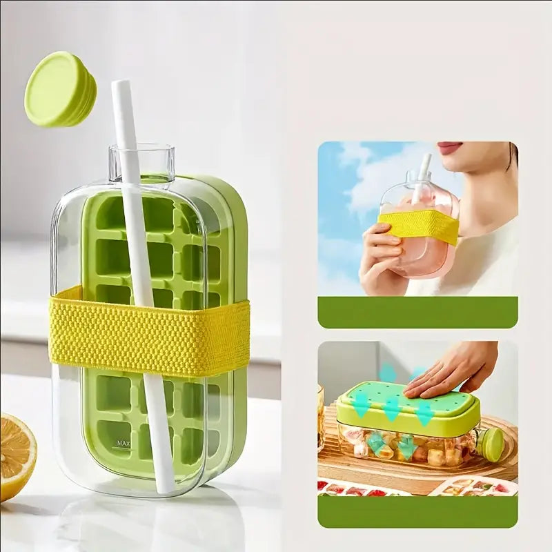 Ice Cube Bottle with Straw, 2-in-1 Cooling Grid, Easy-Press Silicone Ice Tray