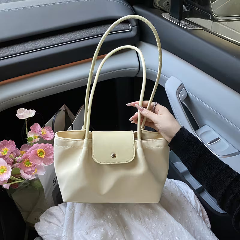 2025  Trendy Beige Nylon Tote Bag with Magnetic Closure Decorative Pompom