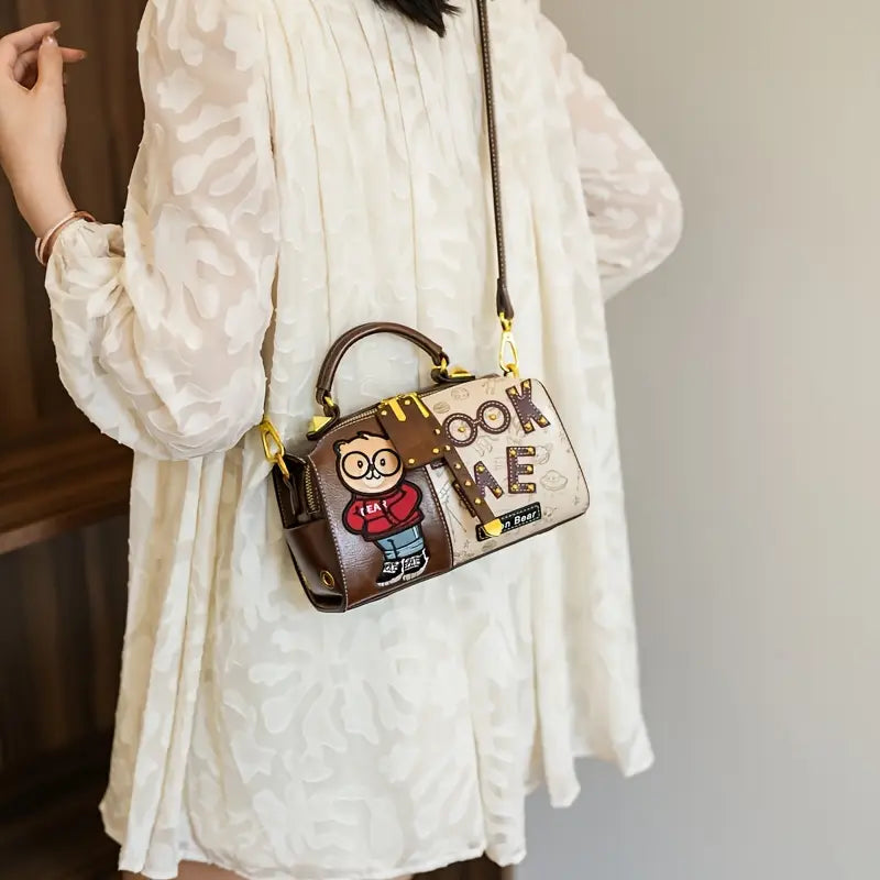 Vintage Cartoon Bear Print Boston Bag for Women