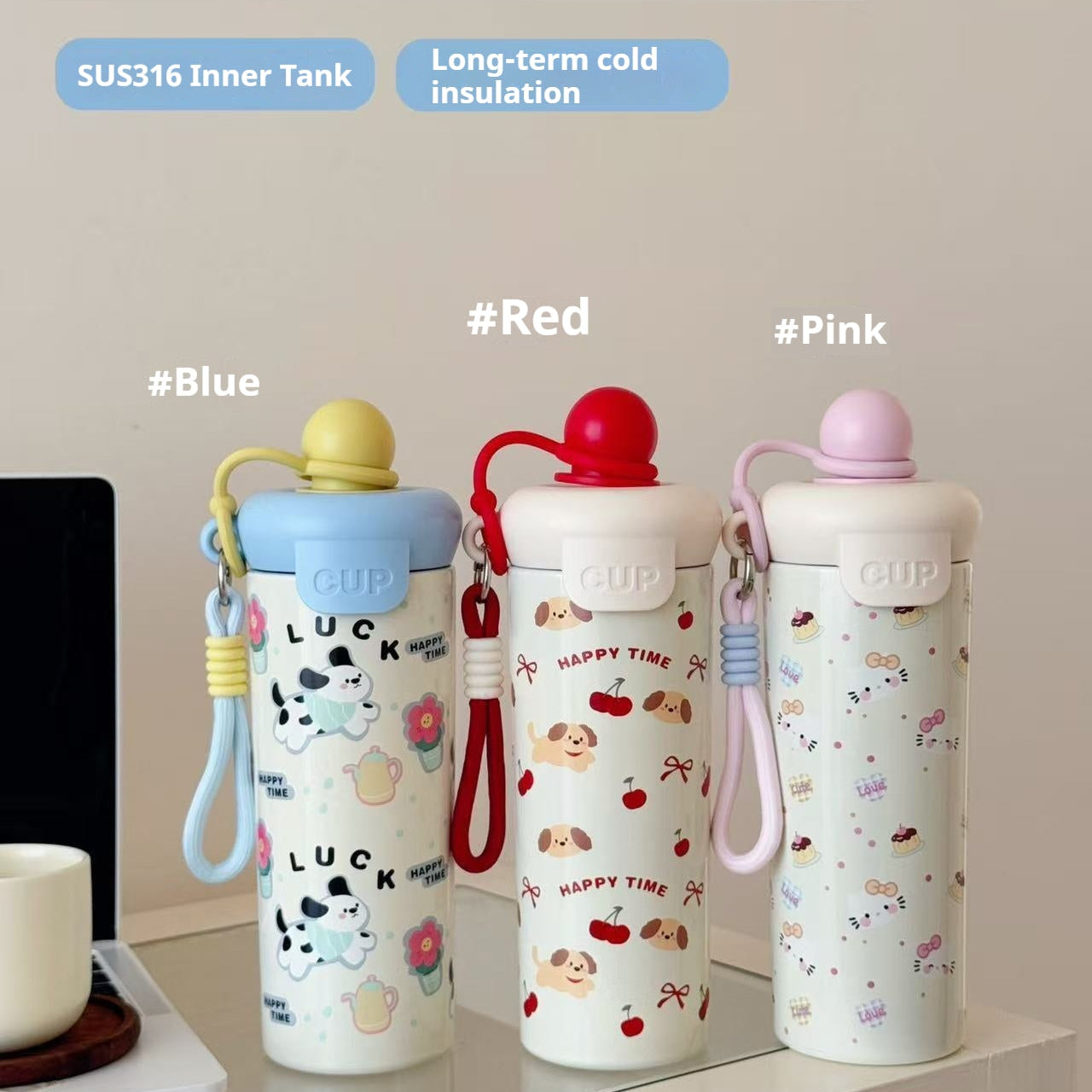 Portable Cartoon Vacuum Cup High-Capacity With Lifting Rope