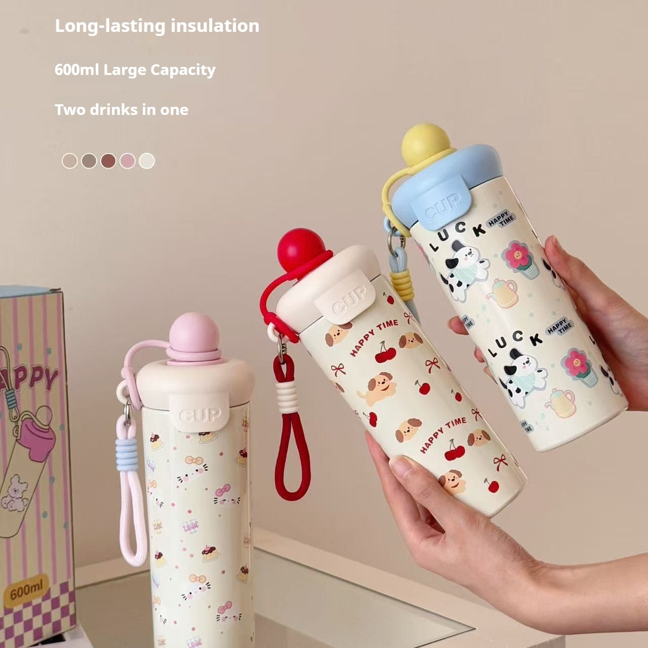 Portable Cartoon Vacuum Cup High-Capacity With Lifting Rope