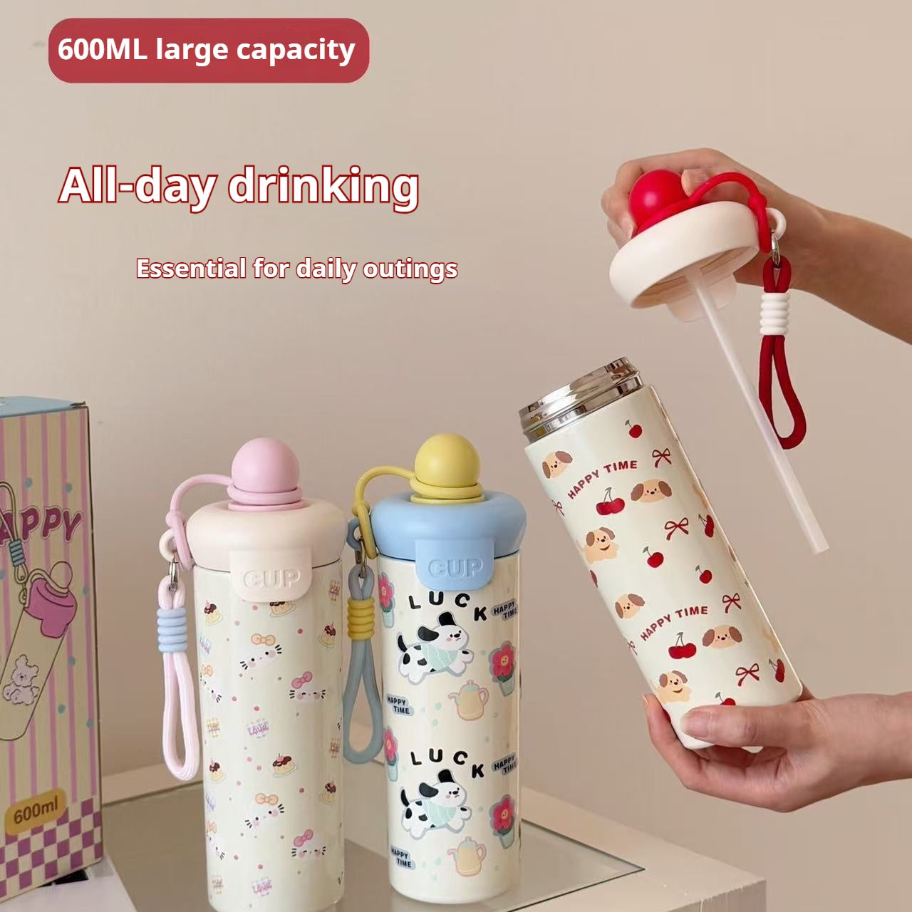 Portable Cartoon Vacuum Cup High-Capacity With Lifting Rope