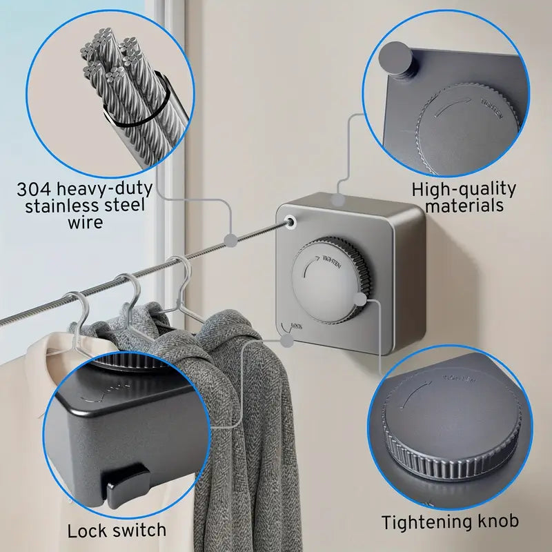 4.8M Retractable Clothesline Indoor/Outdoor Stainless Steel Non-Sagging Clothesline