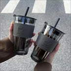 Chic Bamboo-Inspired Glass Coffee Mug with Straw
