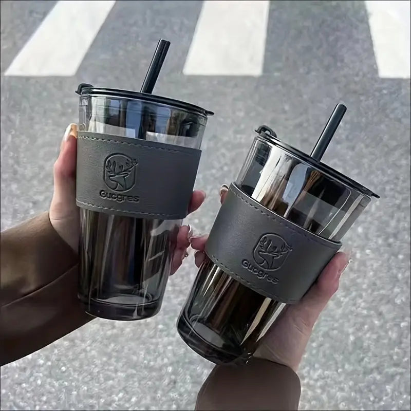 Chic Bamboo-Inspired Glass Coffee Mug with Straw