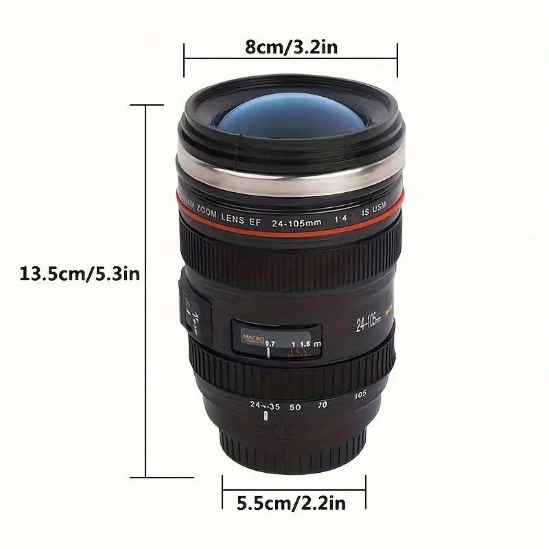Camera Lens Coffee Mug | Stainless Steel & BPA-Free ABS Plastic