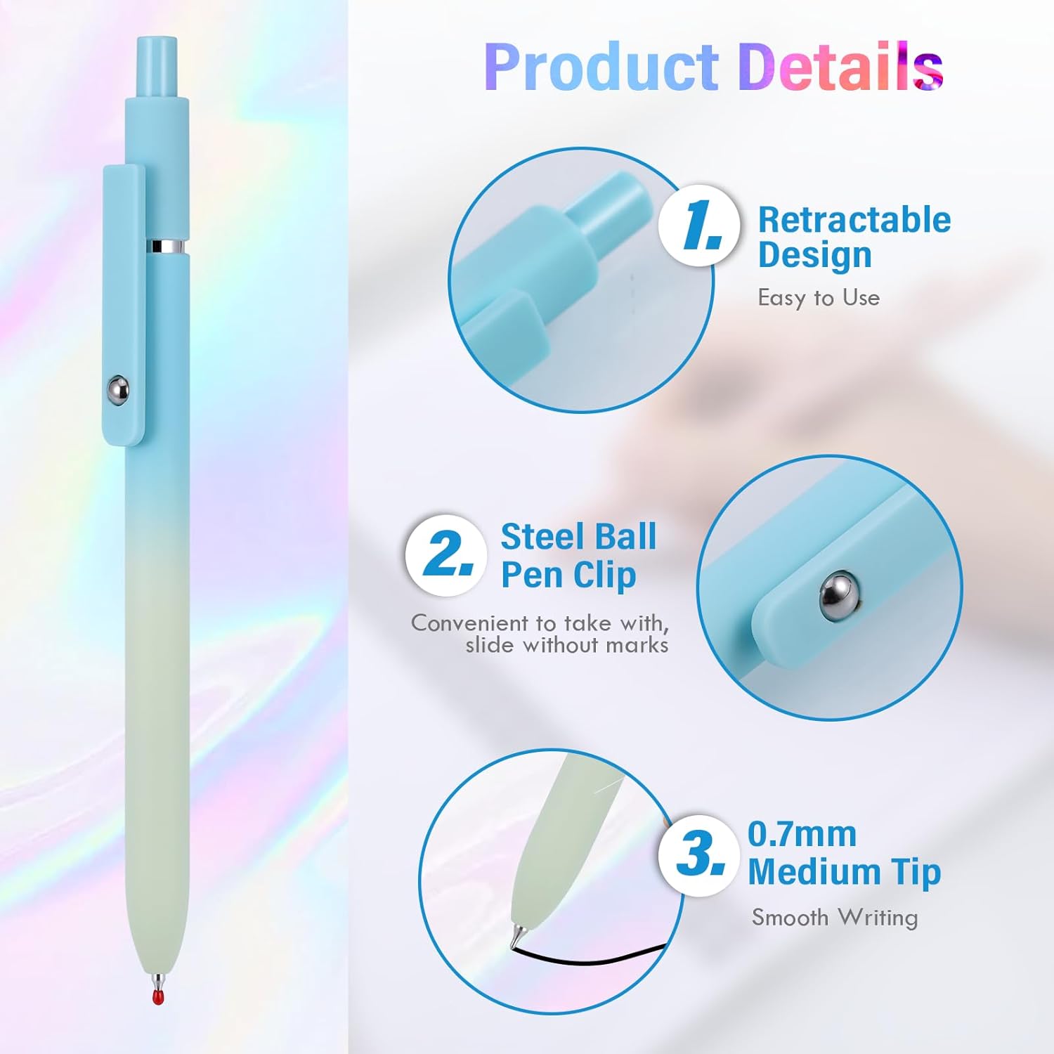 5 Pcs Gel Ink Pens. 0.7mm Medium Tip Black Ink Roller Ball Pens. Quick Drying Pens for Smooth Writing