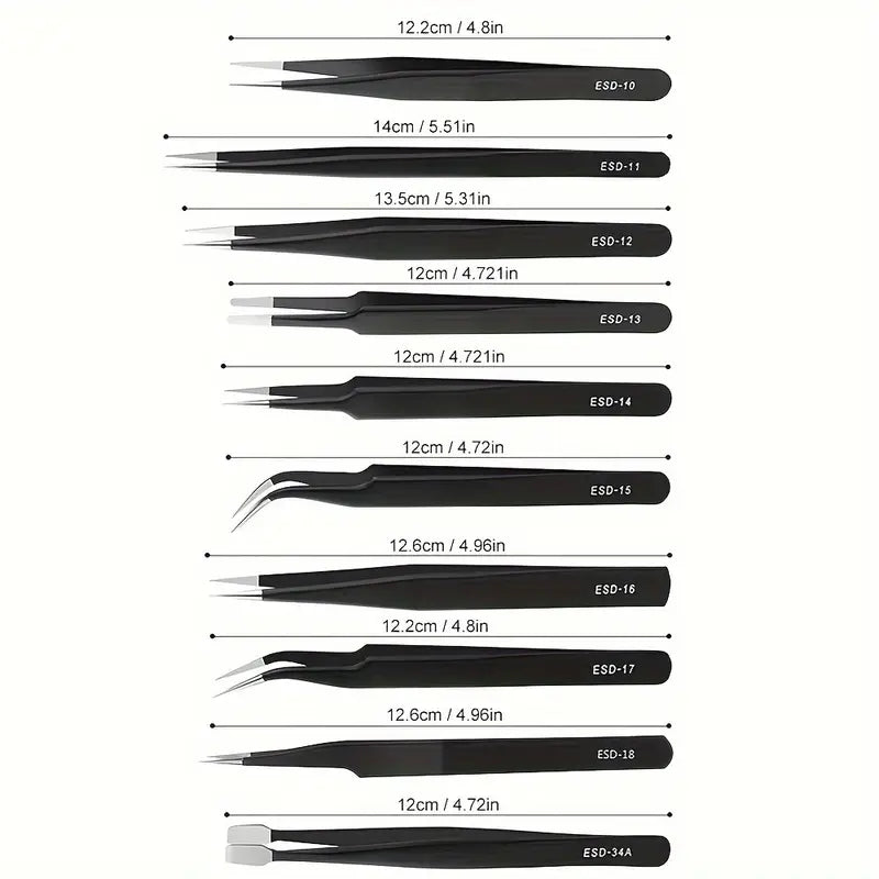 10pcs Premium Anti-Static 304 Stainless Steel Tweezers Set
