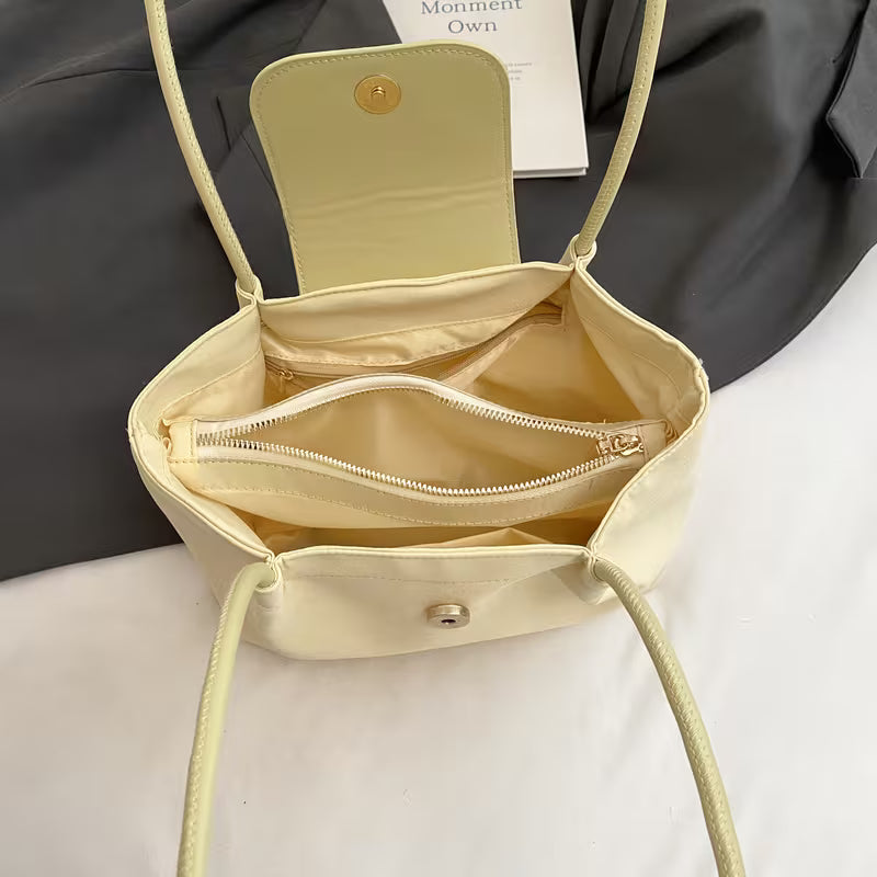 2025  Trendy Beige Nylon Tote Bag with Magnetic Closure Decorative Pompom