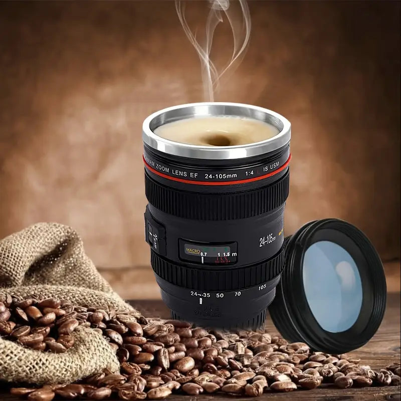 Camera Lens Coffee Mug | Stainless Steel & BPA-Free ABS Plastic
