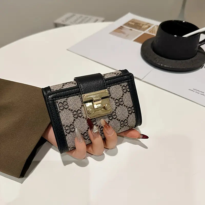 New Women's Black Floral Print Short Wallet Anti-Theft Card Holder