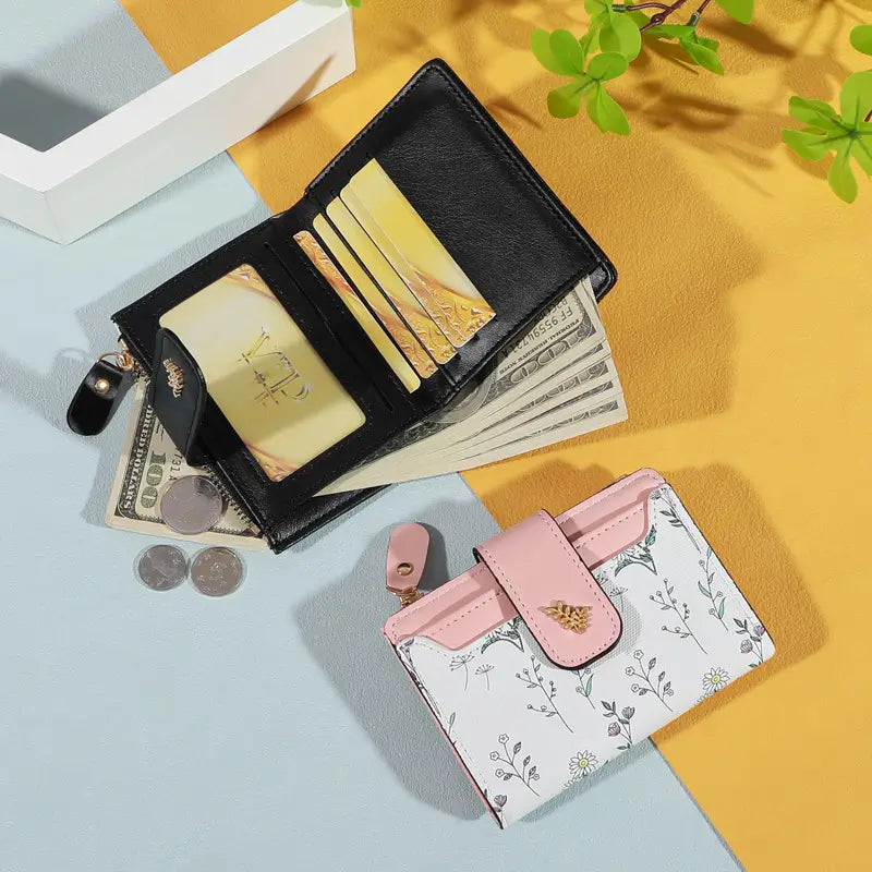 Elegant Women's Floral PU Leather Wallet with Bracelet and Golden Accents