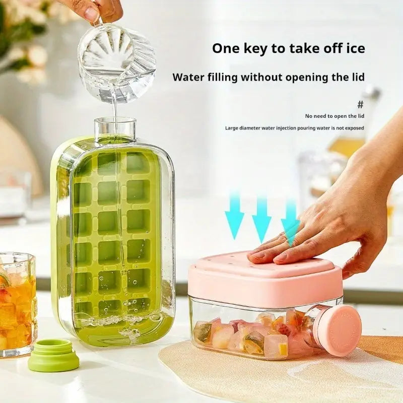 Ice Cube Bottle with Straw, 2-in-1 Cooling Grid, Easy-Press Silicone Ice Tray