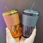 Chic Bamboo-Inspired Glass Coffee Mug with Straw