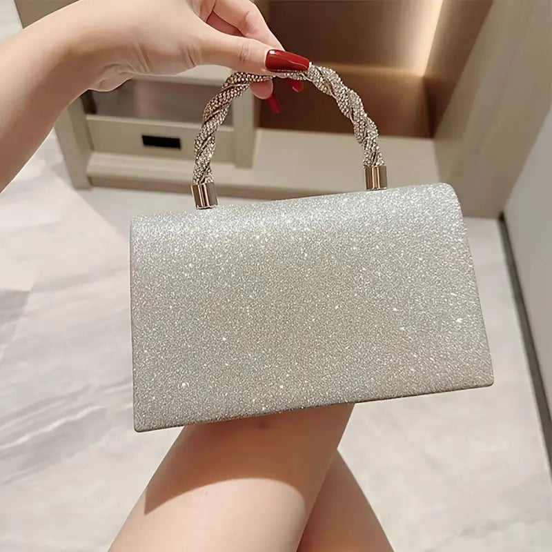 Elegant Glitter Evening Clutch with Diamond-Studded Bow