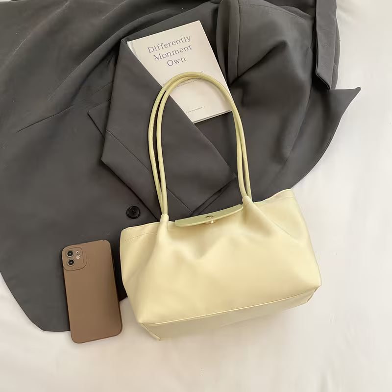 2025  Trendy Beige Nylon Tote Bag with Magnetic Closure Decorative Pompom