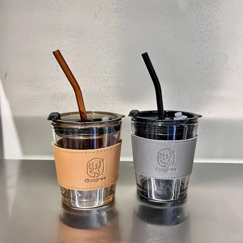 Chic Bamboo-Inspired Glass Coffee Mug with Straw