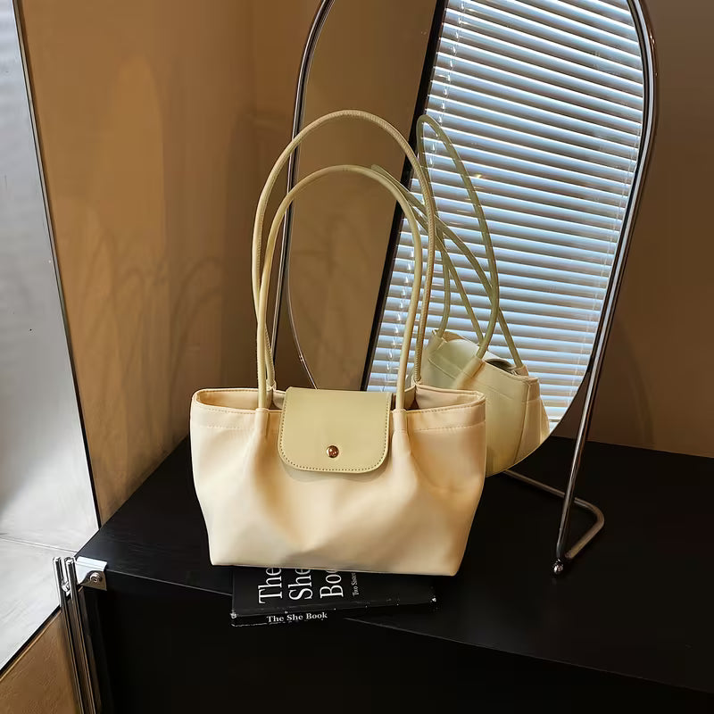 2025  Trendy Beige Nylon Tote Bag with Magnetic Closure Decorative Pompom