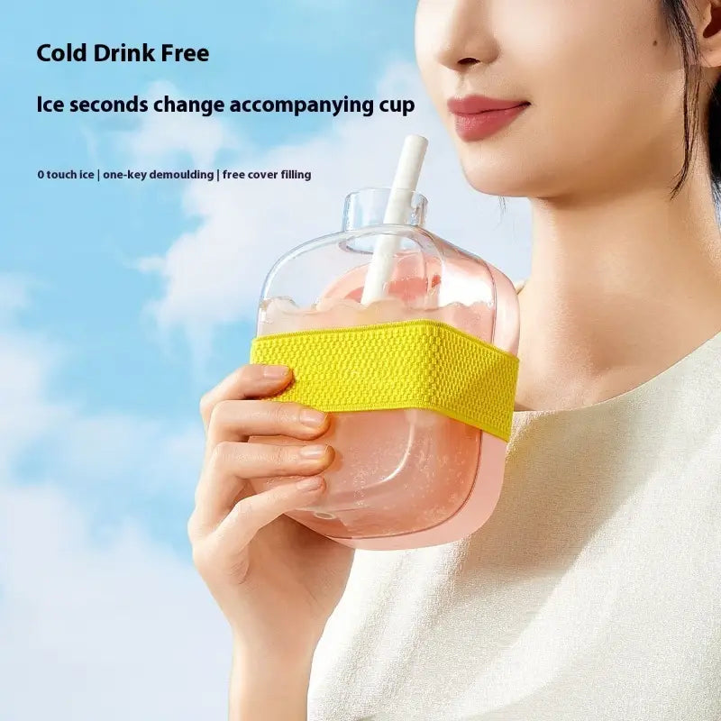 Ice Cube Bottle with Straw, 2-in-1 Cooling Grid, Easy-Press Silicone Ice Tray