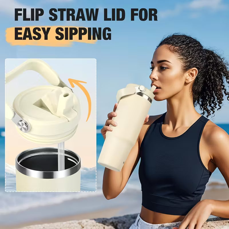 30oz Stainless Steel Vacuum Insulated Travel Mug with Handle And Straw