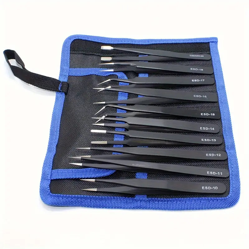 10pcs Premium Anti-Static 304 Stainless Steel Tweezers Set