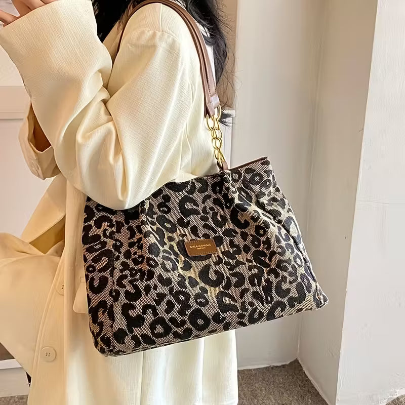 Stylish Vintage Leopard Print Canvas Tote Bag for Women