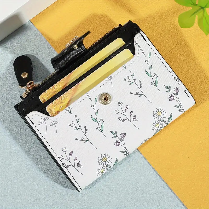 Elegant Women's Floral PU Leather Wallet with Bracelet and Golden Accents