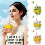 Ice Cube Bottle with Straw, 2-in-1 Cooling Grid, Easy-Press Silicone Ice Tray