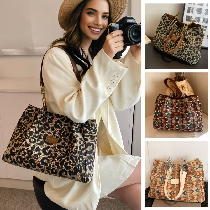 Stylish Vintage Leopard Print Canvas Tote Bag for Women
