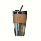 Chic Bamboo-Inspired Glass Coffee Mug with Straw