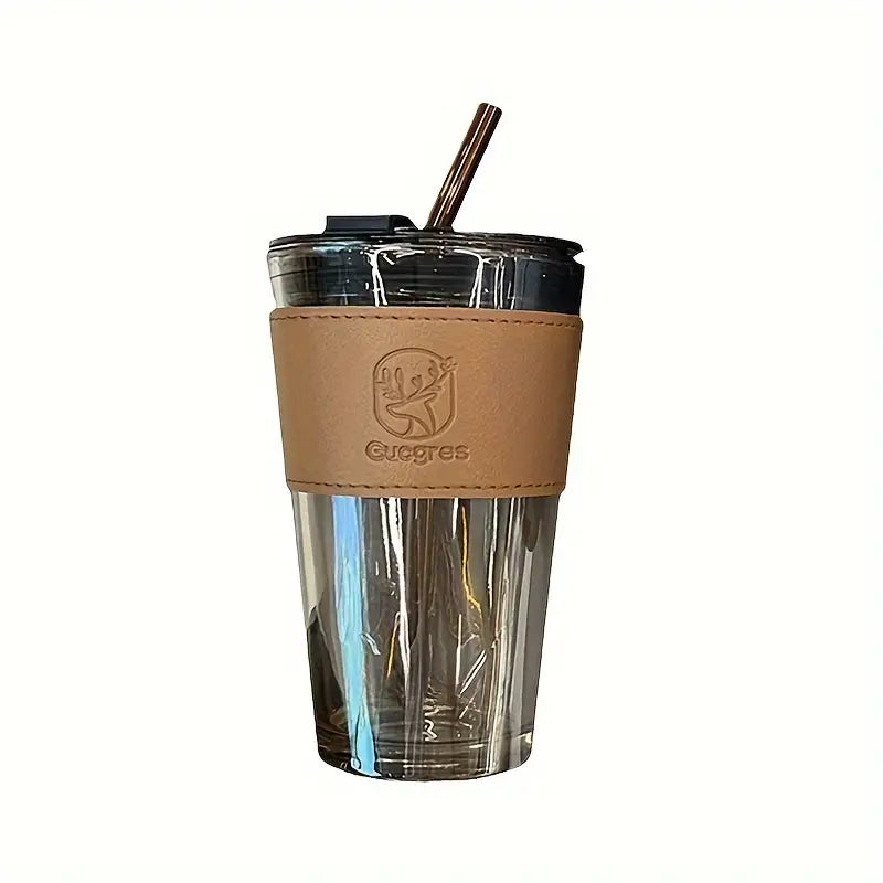 Chic Bamboo-Inspired Glass Coffee Mug with Straw