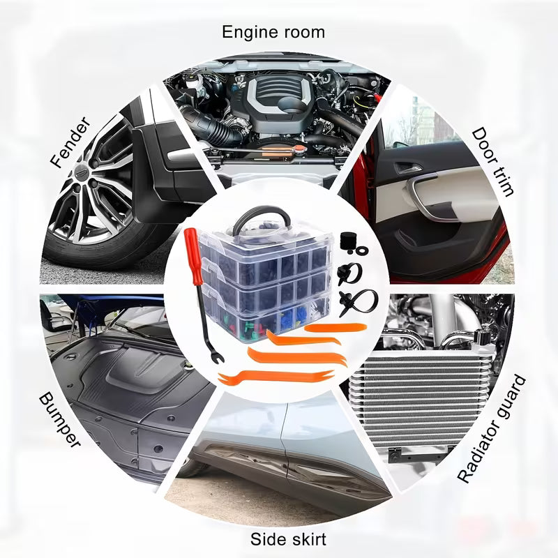 725pcs Set of Automotive Fastener Clips for Securing Car Body Components, Including Push Retainers, Rivets, And Trim Panel Fasteners, Along with a Tool for Removal