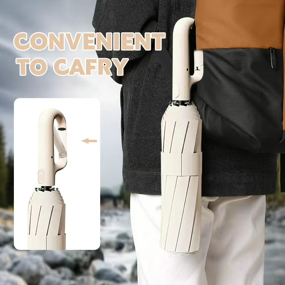 Travel Folding Umbrella, 10 Ribs Automatic Open, Lightweight Compact Portable Backpack Car Parasol Outdoor, Sun/Rain, Anti 99 UV Protection UPF 50, Men Women Carabiner Handle Design