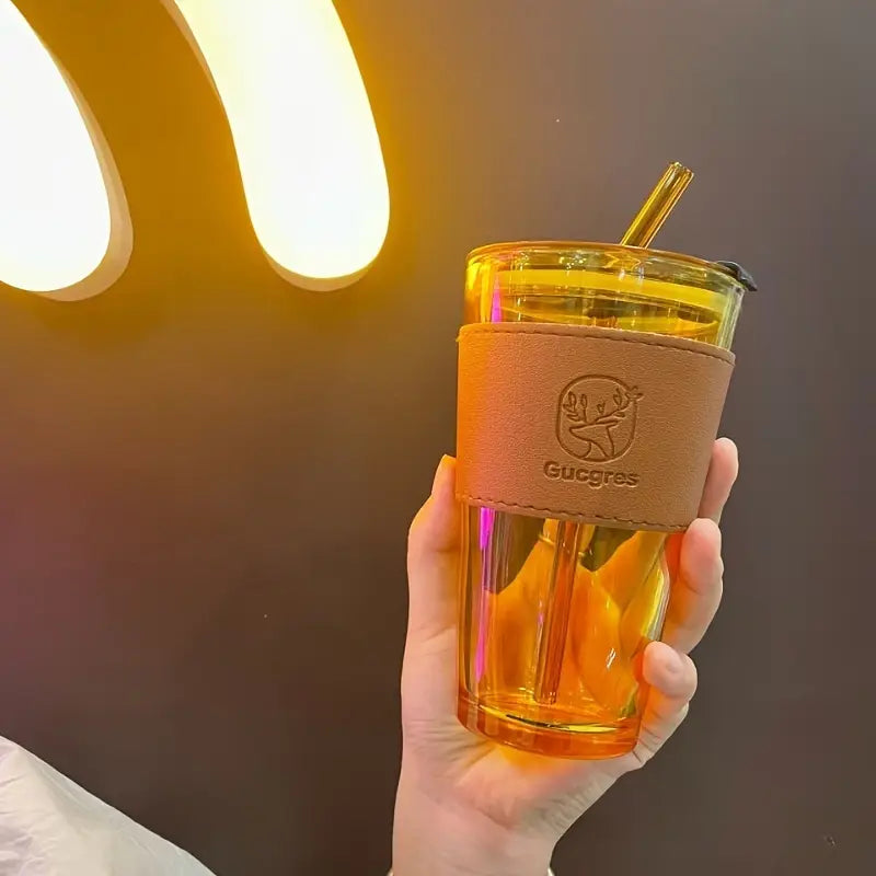 Chic Bamboo-Inspired Glass Coffee Mug with Straw
