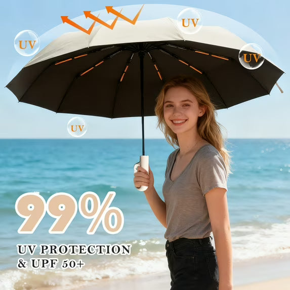Travel Folding Umbrella, 10 Ribs Automatic Open, Lightweight Compact Portable Backpack Car Parasol Outdoor, Sun/Rain, Anti 99 UV Protection UPF 50, Men Women Carabiner Handle Design
