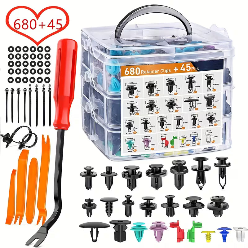 725pcs Set of Automotive Fastener Clips for Securing Car Body Components, Including Push Retainers, Rivets, And Trim Panel Fasteners, Along with a Tool for Removal