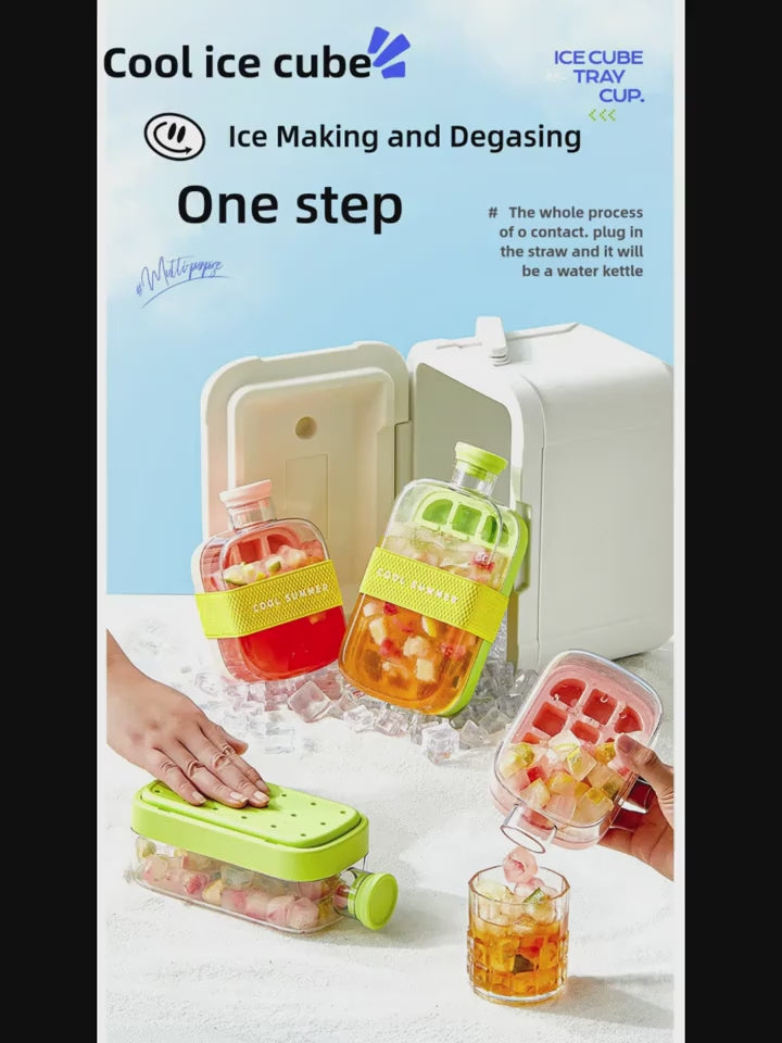 Ice Cube Bottle with Straw, 2-in-1 Cooling Grid, Easy-Press Silicone Ice Tray