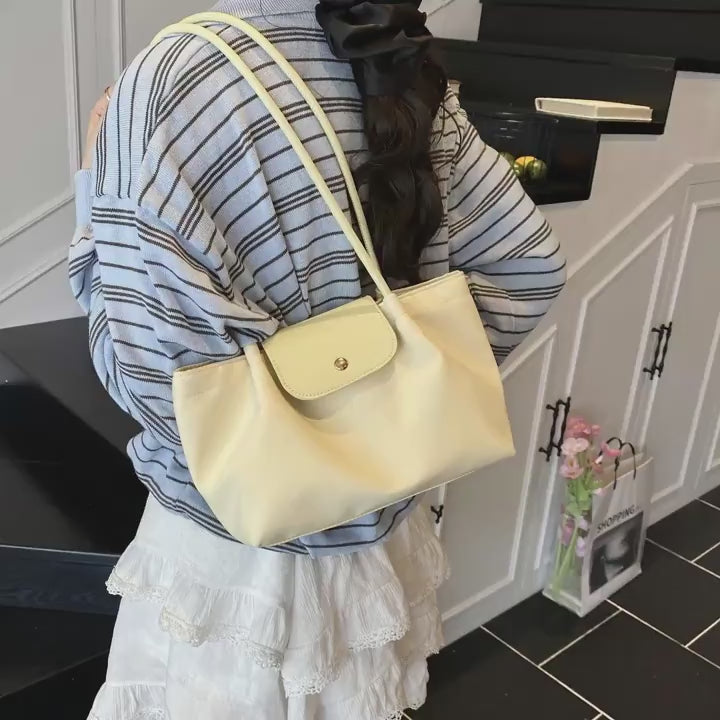 2025  Trendy Beige Nylon Tote Bag with Magnetic Closure Decorative Pompom