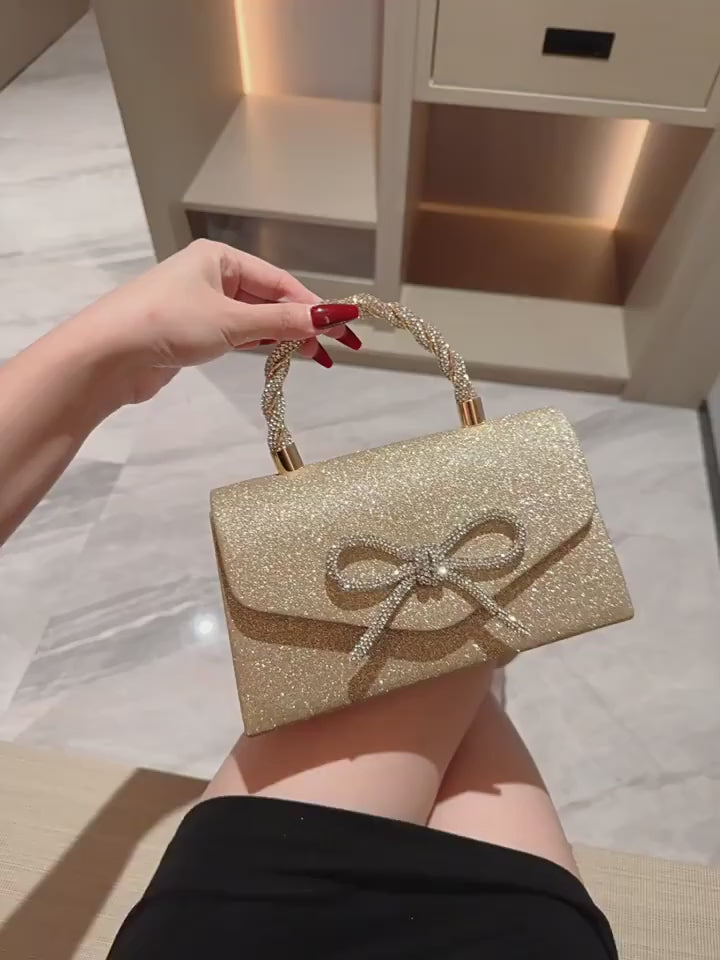 Elegant Glitter Evening Clutch with Diamond-Studded Bow