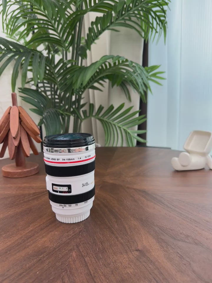 Camera Lens Coffee Mug | Stainless Steel & BPA-Free ABS Plastic